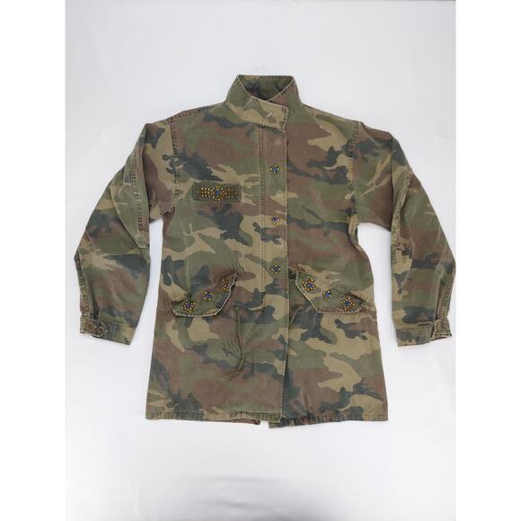 Western Denim Bank Jeans Co Jacket Green Camo Military Embroidered Studded Med - Picture 2 of 15